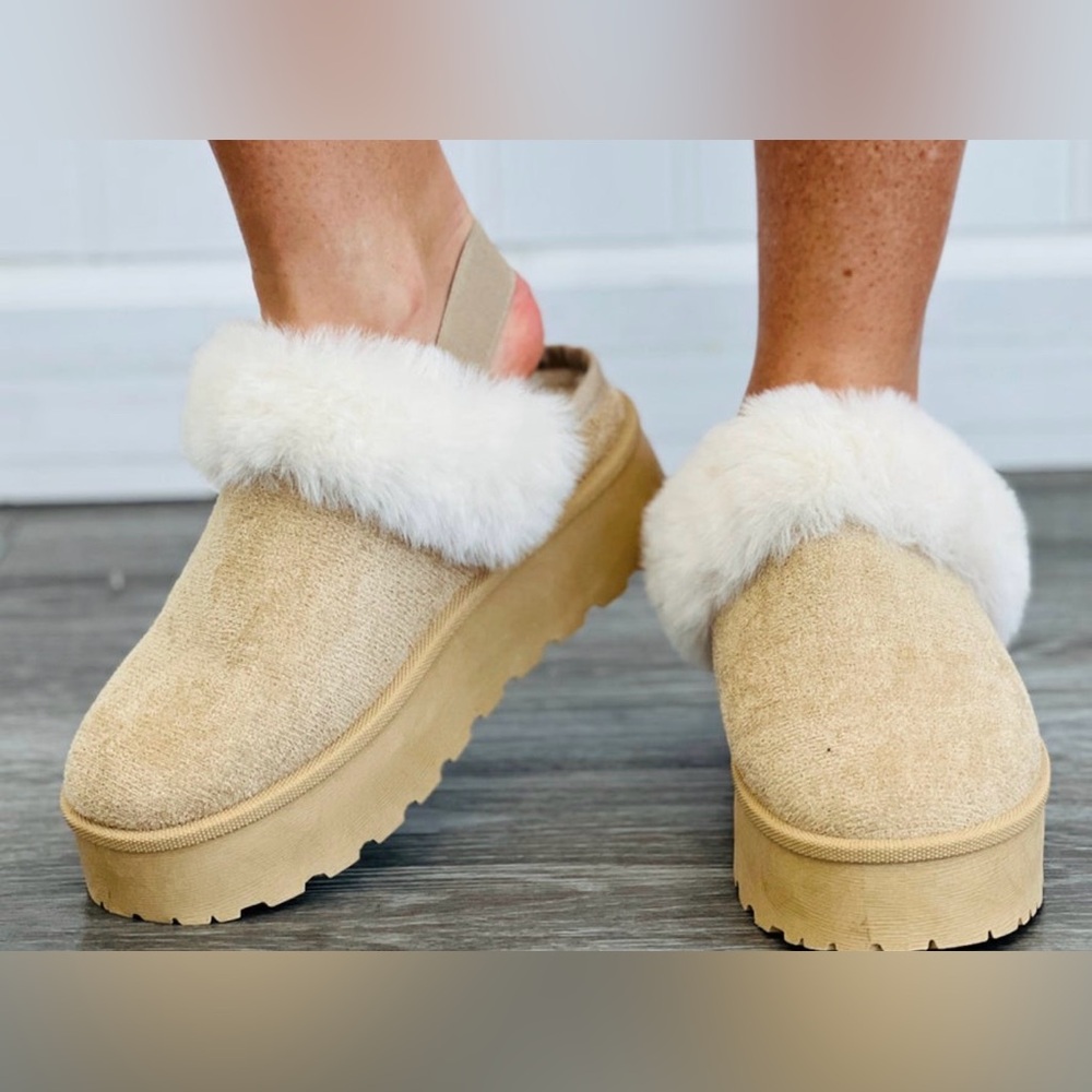 Forever 21 Tan Mules with White Fur Trim